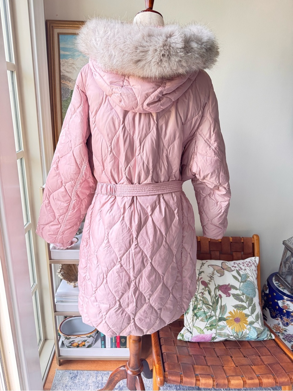 MICHAEL Michael Kors Blush Quilted Belted Puffer Coat with Faux Fur Hood - Picture 8 of 12